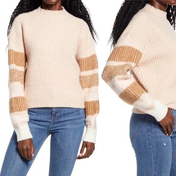 Topshop Womens Pullover Fuzzy Mock Knit Sweater Sz 4-6 Tan/Cream/Pink Stripe NWT - Picture 1 of 8